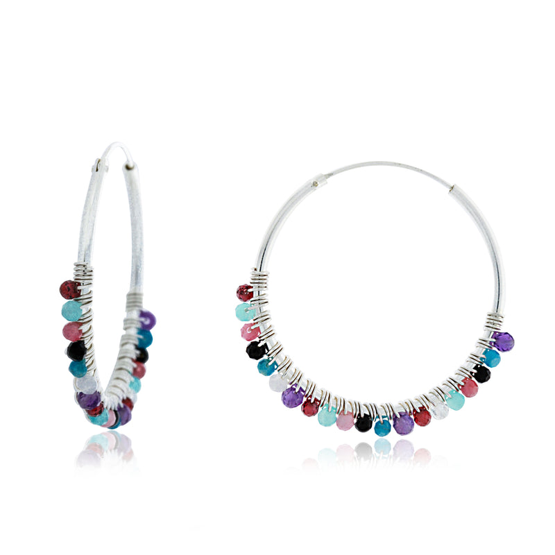 Silver Hoop Earrings With Coloured Beads