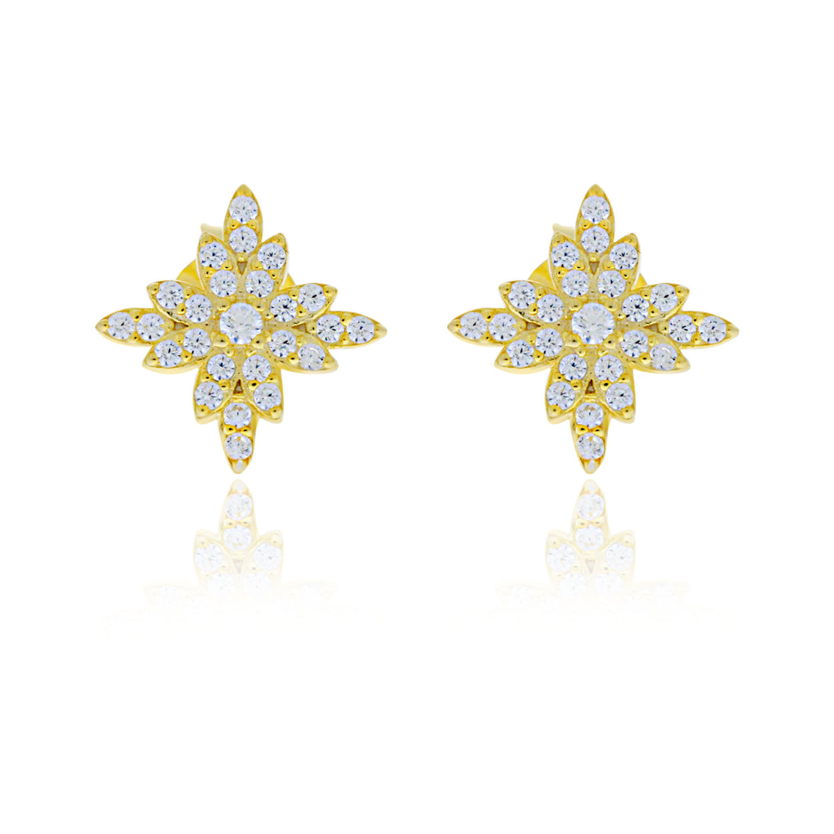 Yellow Gold Plated Cz Set Snowflake Cluster Studs