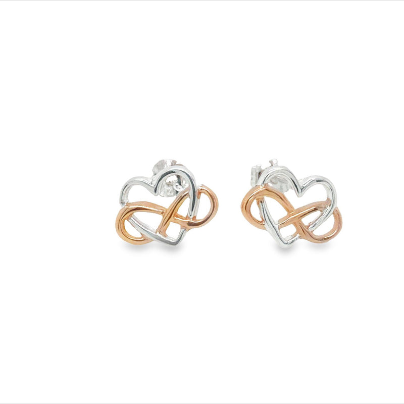Sterling Silver Rose Gold Plated Heart And Infinity Stud Earrings