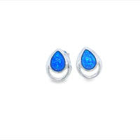 Silver Pear Shaped Blue Opalite Open Wire Bezel Set Stud Earrings
