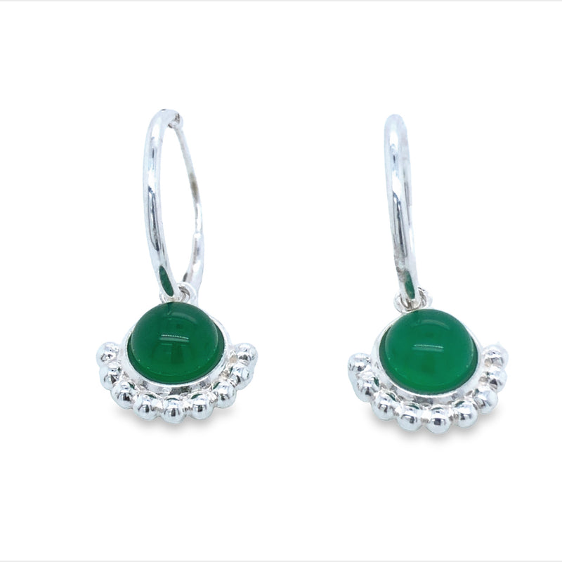 Sterling Silver Green Glass Bezel Set Drops On Hoop Earrings