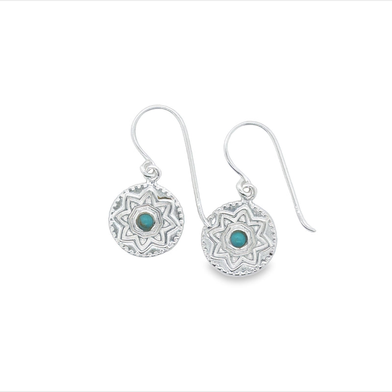 Onatah Sterling Silver Star Patterned Disc Earrings With Turquoise And Shephooks