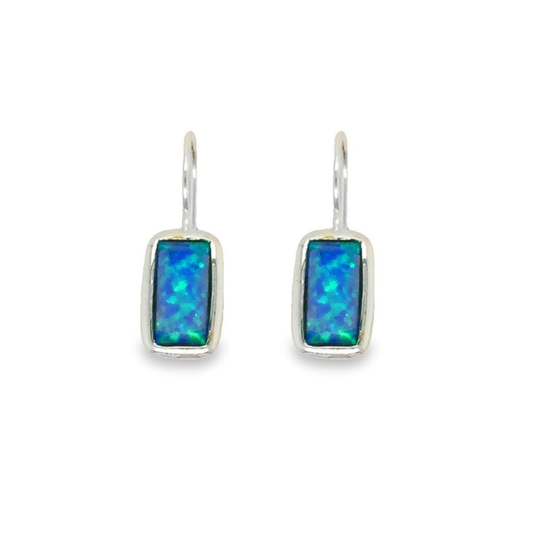 Blue Green Opalite Bezel Set Drop With Fixed Hook Earrings