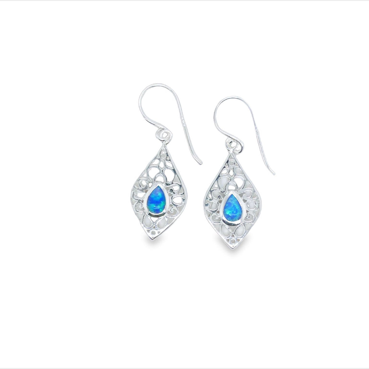 Filigree Cut Out Diamond Shape Set With Blue Opalite Earrings