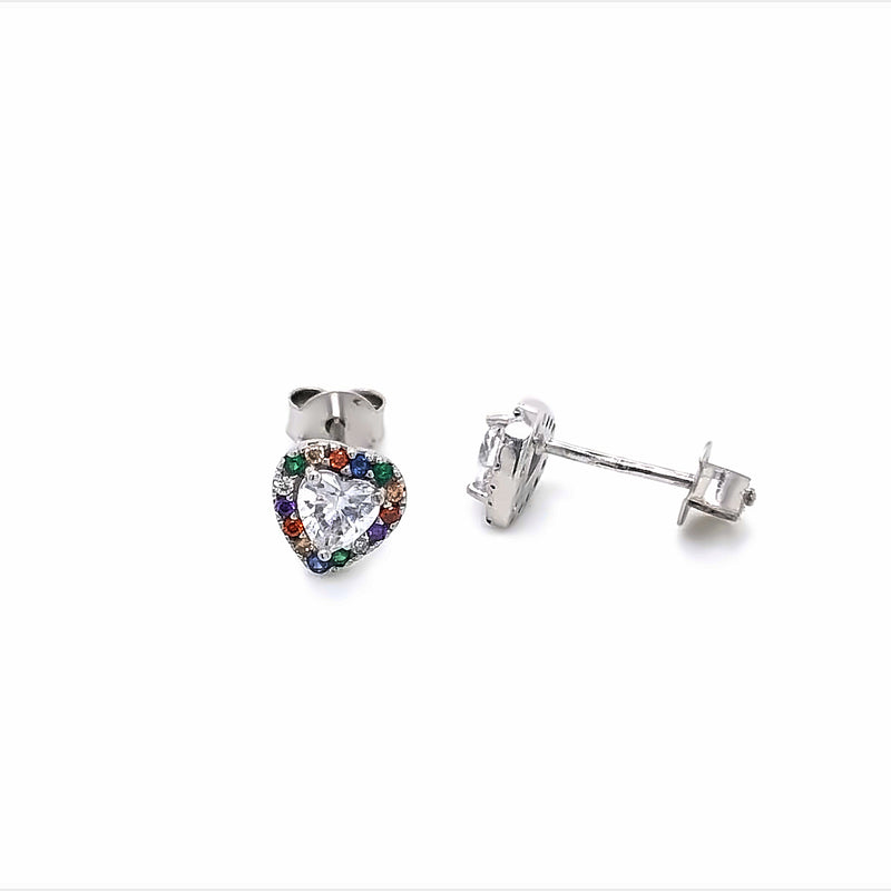 Silver Heart Shaped Halo Multi Colour Cz Stud Earrings