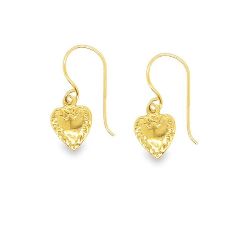 Silver Gold Plated Heart Drop With Enraved Filigree Edge Earrings With Shep Hooks