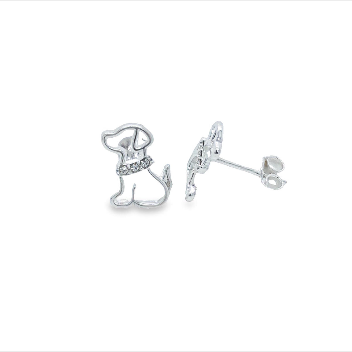 Silver Sitting Dog With Stone Set Collar Stud Earrings