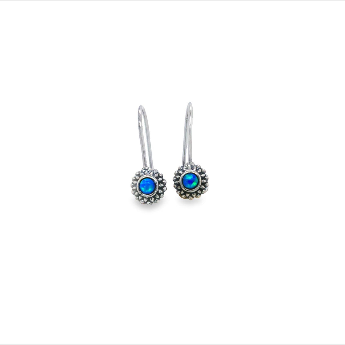 Silver Blue Opalite Bezel Set With Beaded Edge Earrings With Fixed Shep Hooks