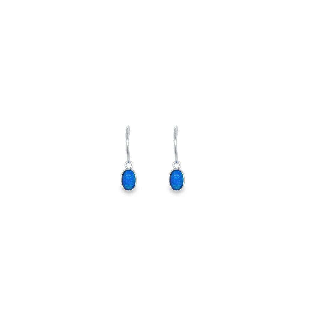 Silver Oval Blue Opalite Drop Earrings With Stud Hoops