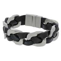 Wide Braided Black Leather Bracelet With Stainless Steel Clasp