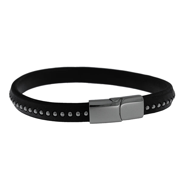 Black Thin Leather Flat With Stainless Steel Dots Bracelet