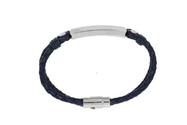 Plaited Leather Double Strand Bracelet With Polished Stainless Steel Id Plate And Clasp - Navy