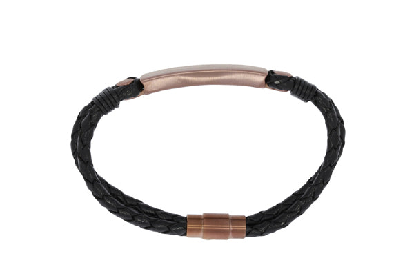 Plaited Leather Double Strand Bracelet With Brushed Finish Rose Gold Plated Id Plate