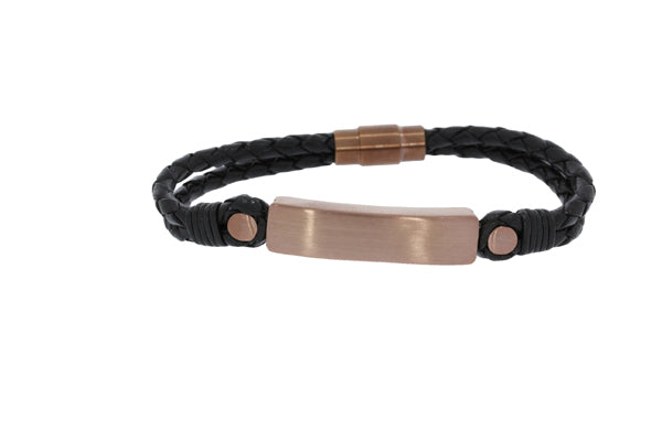 Plaited Leather Double Strand Bracelet With Brushed Finish Rose Gold Plated Id Plate