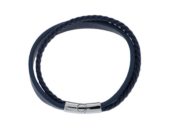 Plain And Braided Double Strand Bracelet With Polished Stainless Steel Clasp - Navy