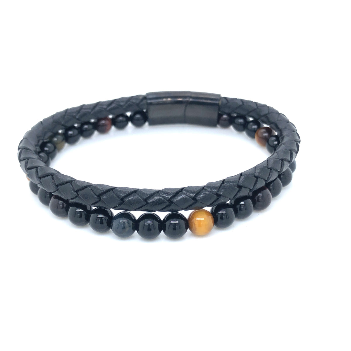 Double Strand Onyx/Tigers Eye Beads And Plaited Leather Bracelet
