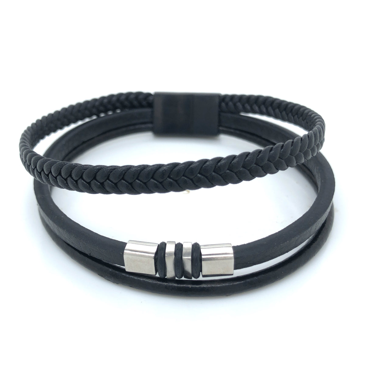 Multi Strand Black Leather Plain And Braided Bracelet With Vintage Detail