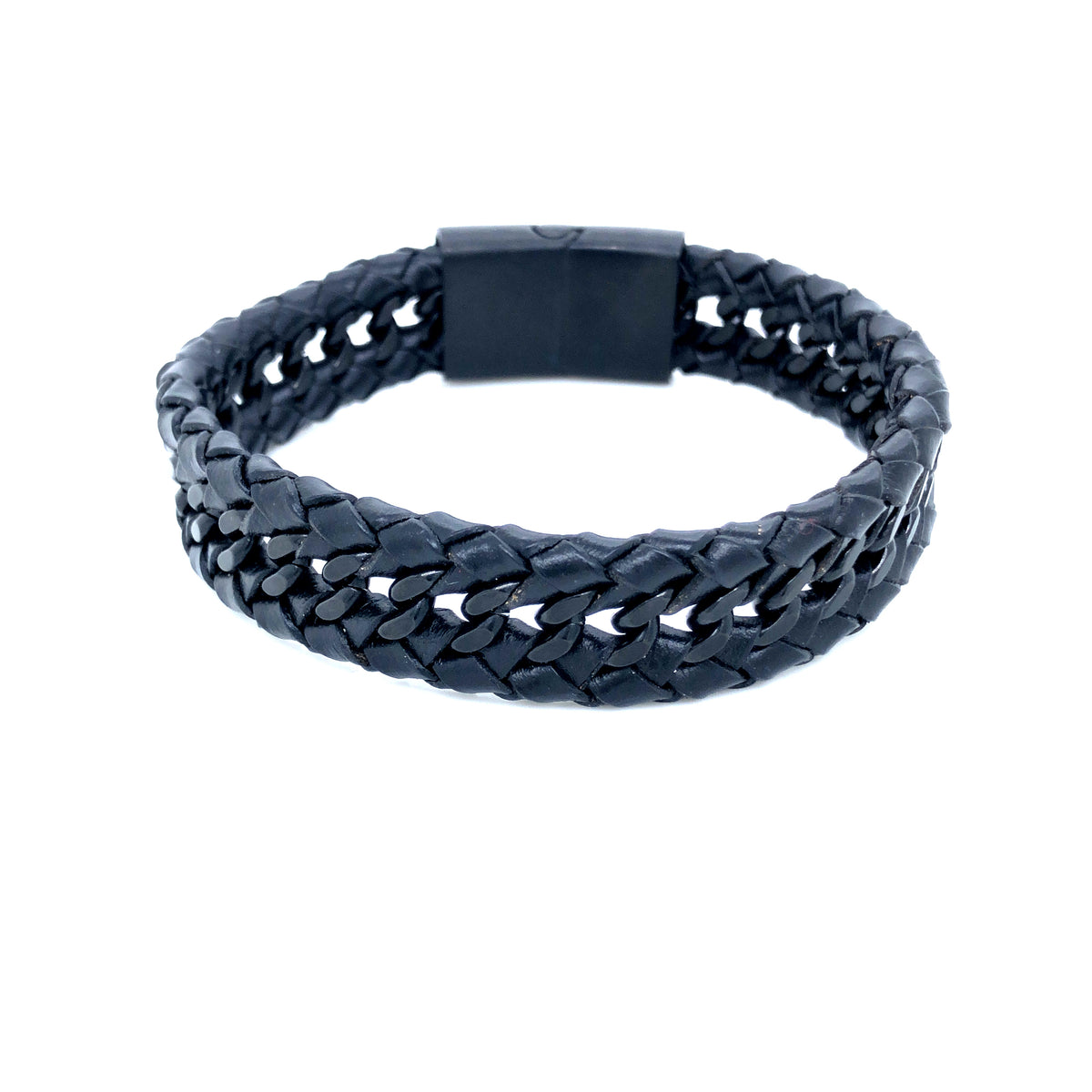 Leather Braided With Black Ion Plated Stainless Steel Chain Bracelet