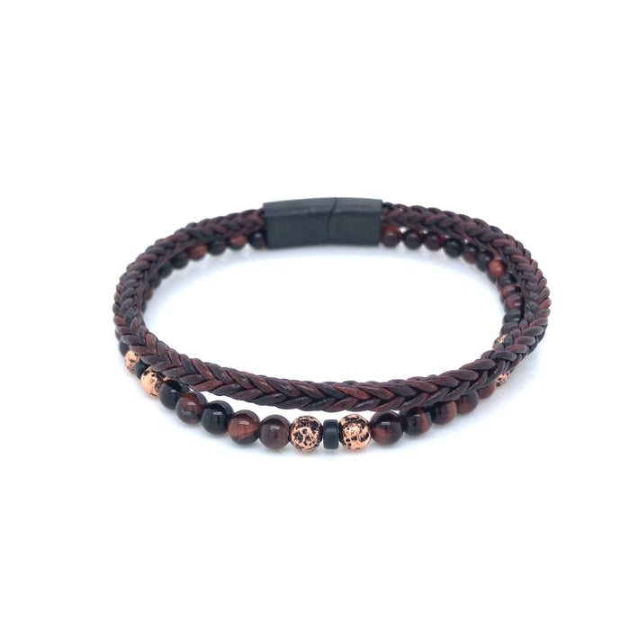 Double Strand Brown Leather Braided Bracelet WithTigers Eye Beads And Vintage Beads