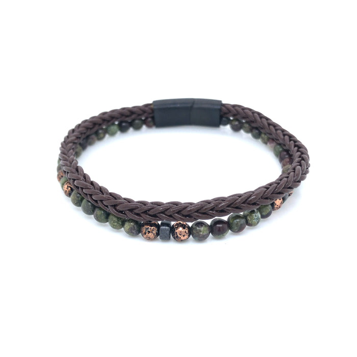 Double Strand Brown Leather Braided Bracelet With Green Agate Beads And Vintage Beads
