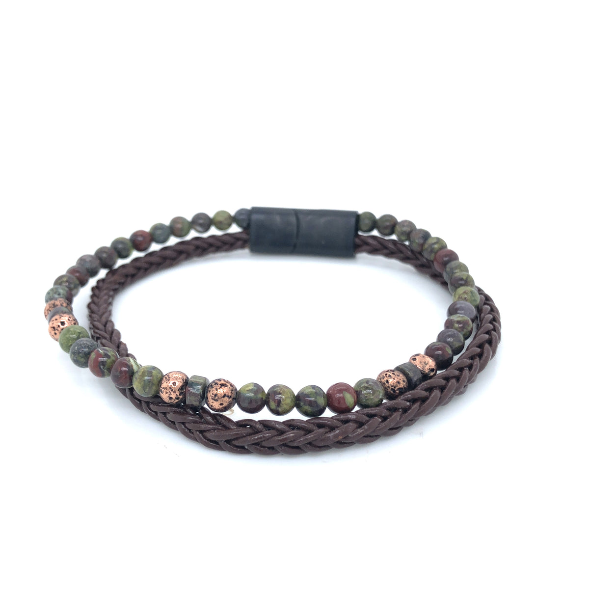Double Strand Brown Leather Braided Bracelet Featuring Green Agate Beads And Vintage Beads