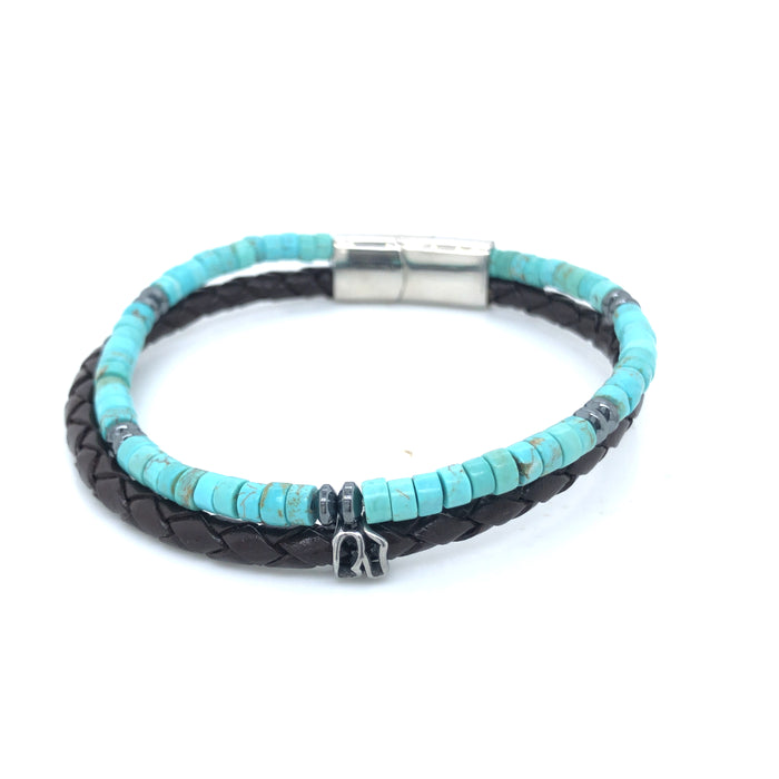 Double Strand Brown Leather Braided Bracelet Featuring Turquoise Disc Beads