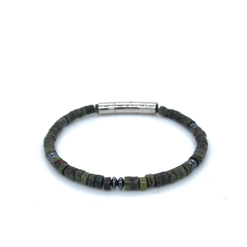 Gemstone Bracelet Featuring Green Stone Disc Beads And Hematite