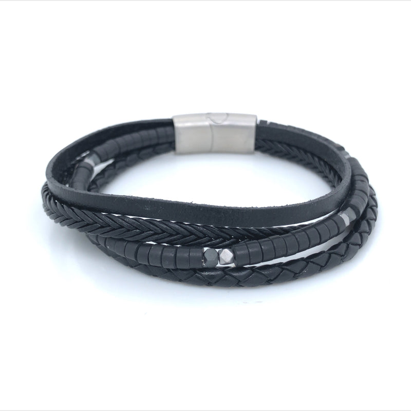 Multi Strand Black Leather Braided Bracelet Featuring Onyx Beads With A Stainless Steel Clasp Size 21Cms